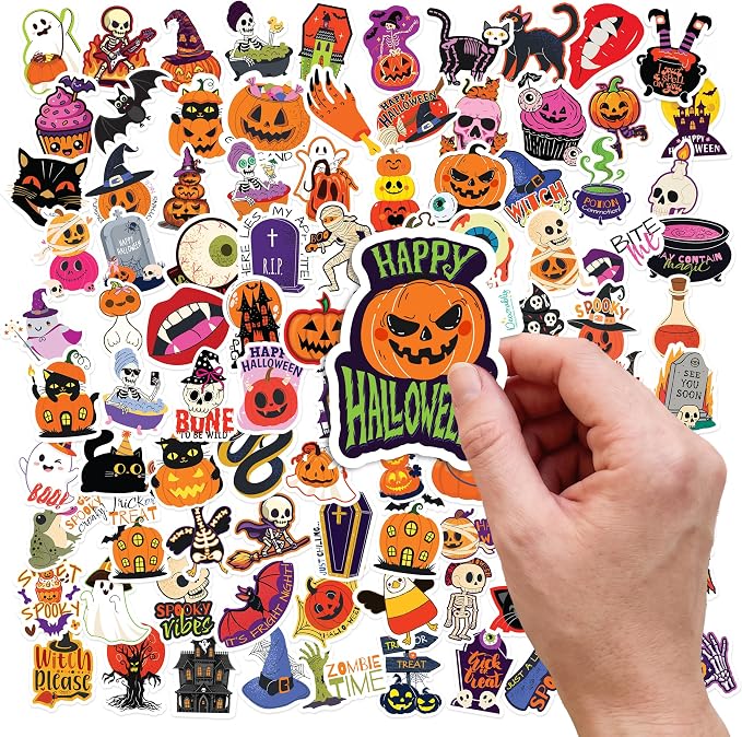 Decorably 100 Pack Bulk Waterproof Halloween Vinyl Stickers for Kids - skull sticker