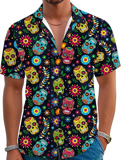 Halloween Button up Shirts for Men Hawaiian Scary Atmosphere Shirt - sugar skull costume
