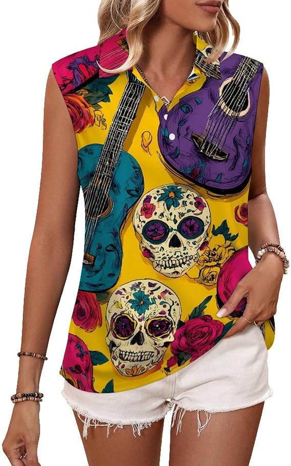 Colorful Guitars Sugar Skull Golf Polo Shirt Tank Tops Running Vest for Women - skull tank tops