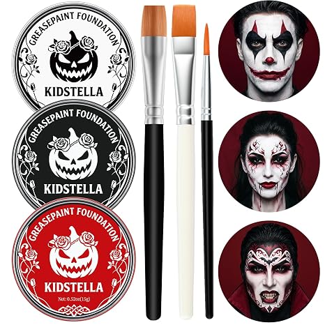 Black White Red Face Body Paint, Oil Based Halloween Makeup with Brushes - sugar skull makeup