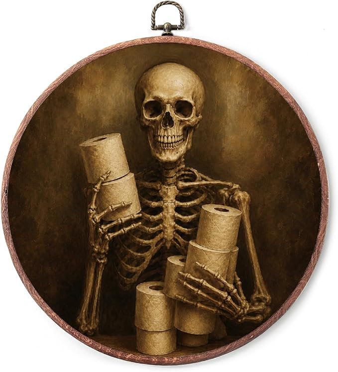Shescrzionu Halloween Bathroom Wall Decor, Skeleton Holding Toilet Paper - skull toilet paper