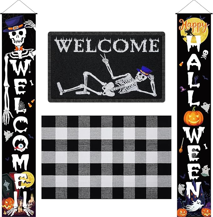 Hahafelt 3 Pcs Halloween Welcome Doormat Banners Set Skeleton, 18x30'' Mat - skull door mat