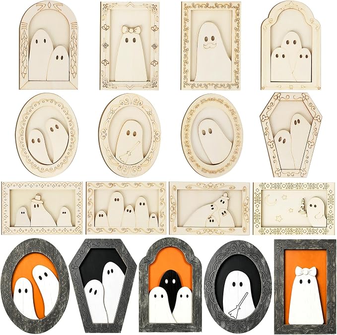 12 Pcs Halloween Crafts Wooden Ghost DIY Frames Decorating Unfinished Wood Painting Ghost Craft Ornaments Fall Halloween Arts and Crafts Kits for Adults Kids Haunted House Activities Party Supplies - skull painting