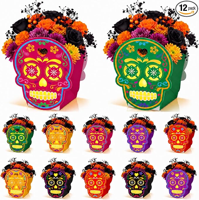 Glenmal 12pcs Dia De Los Muertos Decoration Sugar Skull Box Day of The Dead - skull candle