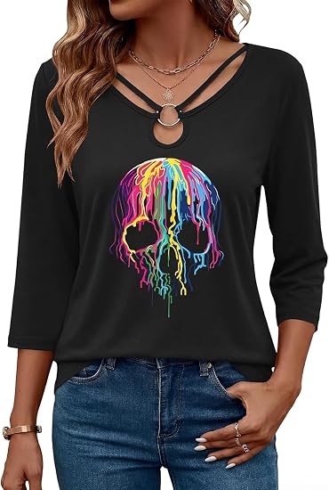 Women's Fall Halloween Thanksgiving Graphic T-Shirt - skull tshirt