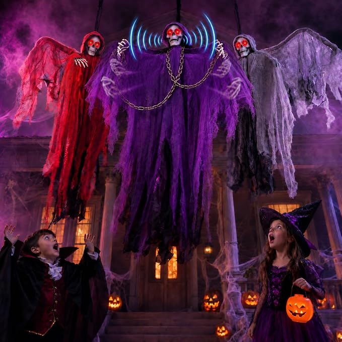71" Halloween Hanging Skeleton Ghosts with Moving Grabbing Arm, Scary Sound & Glowing Red Eyes, 3 Pack Halloween Decorations Outdoor Flying Grim Reaper Set for Yard Porch Haunted House Props Décor - skeleton