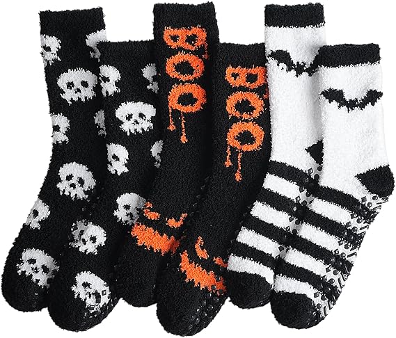 floconssy Mens Fuzzy Socks with Grips, Fluffy Warm Slipper Socks 3 Pairs - sugar skull costume