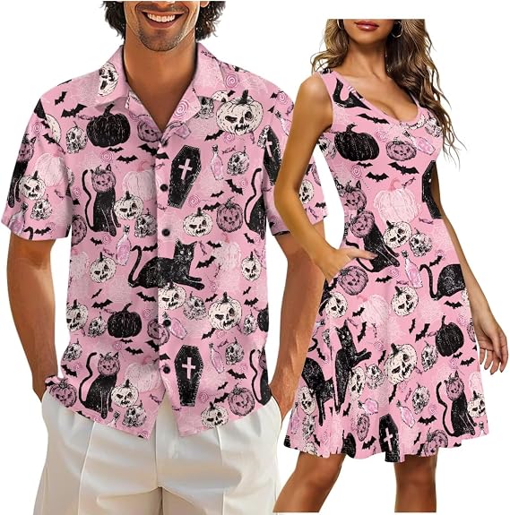 Cozeyat Matching Hawaiian Outfits for Couples Mens Button Up Polos Shirt and Women Sleeveless Sundress with Pockets - sugar skull dress
