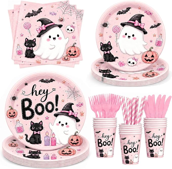 168 PCS Pink Halloween Party Supplies, Hey Boo Ghost Halloween Plates, Napkins, Cups, Forks, Knives, Straws for Halloween Birthday Baby Shower Decorations, Serves 24 - skull plate
