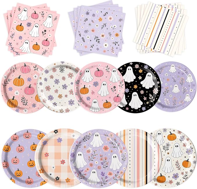 Halloween Party Supplies, Cute Ghost Pumpkin Halloween Plates and Napkins, 9” & 7” Halloween Paper Plates, Floral Halloween Party Decorations for Birthday Baby Shower, Serves 20 - skull plate