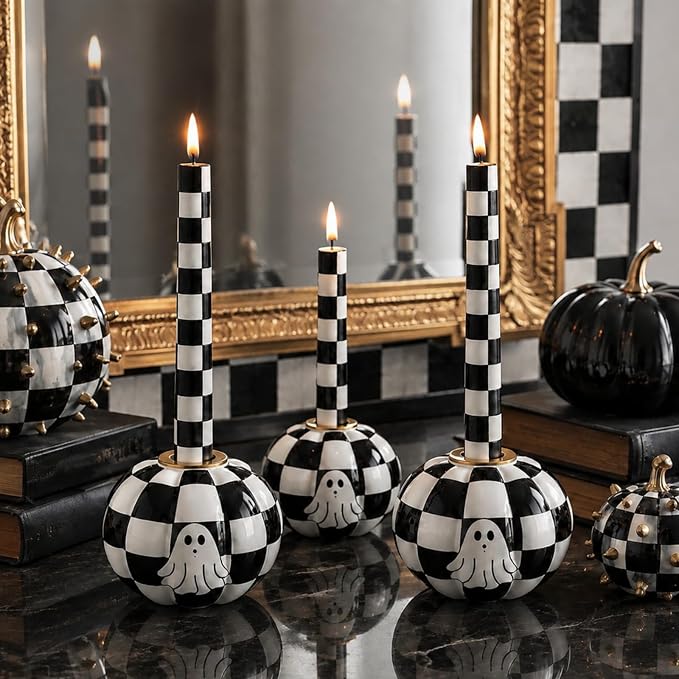 Mumufy 3 Pcs Halloween Black White Checkerboard Decor Candle Holder - skull candle