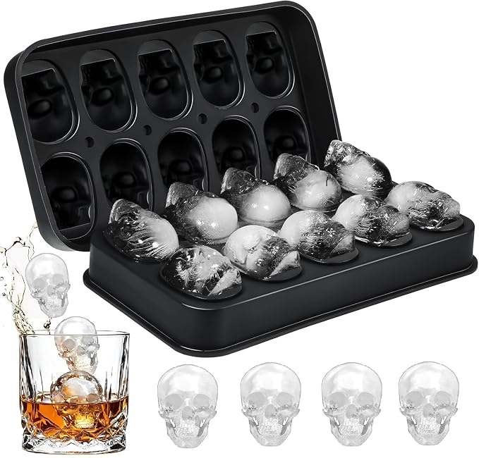 10-Cavity Skull Silicone Mold, Halloween Ice Cube Tray for Whiskey & Cocktails, Chocolate Candy Mold, Non-Stick Baking Pan for Jelly, Soap, Party Decor (Black) - skull ashtray