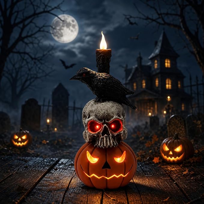 Halloween Decorations Outdoor, 14" Crow Skull Pumpkin Statue with Glowing Red Eyes and Candle, Spooky Halloween Yard Decor for Front Porch, Lawn, Garden, Patio and Home - skull figurine