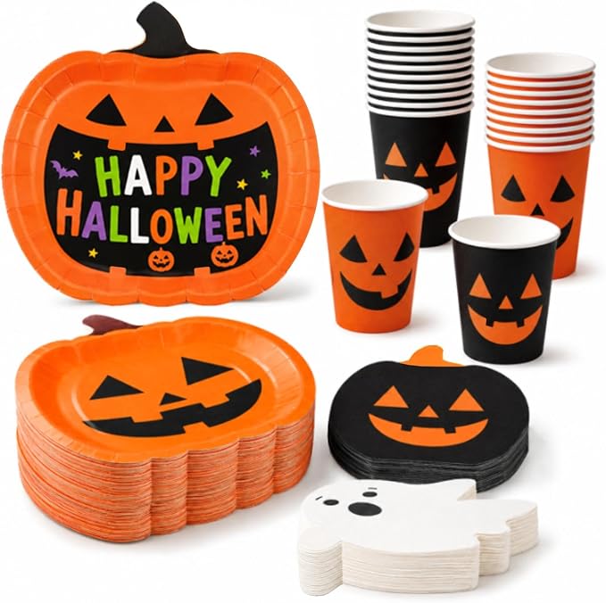72 PCS Halloween Party Supplies, Black and Orange Pumpkin Shaped Paper Plates, Cups, Ghost and Pumpkin Napkins for Halloween Birthday Party Decorations, Serves 24 - skull plate