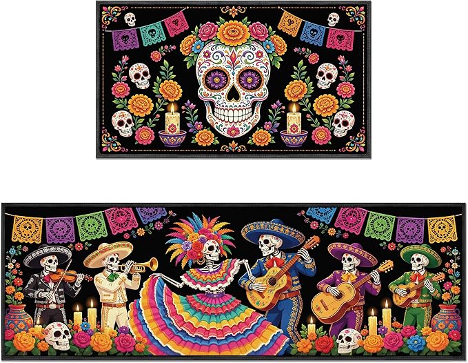Day of the Dead Kitchen Rugs Set of 2, Sugar Skull Floral Kitchen Mats - skull candle