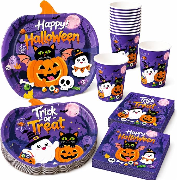 Halloween Party Supplies Kit Includes Pumpkin Shaped Disposable Plates, Napkins, Cups for Halloween Birthday Baby Shower Decorations, Serves 24 - skull plate