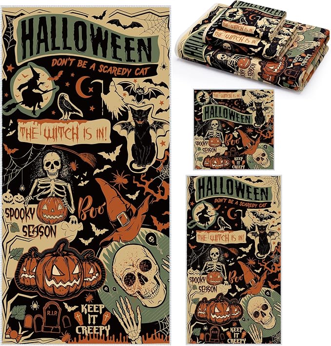Moukeren Set of 3 Halloween Bath Towels, Gothic Skeleton Bathroom Decor - skull toilet paper