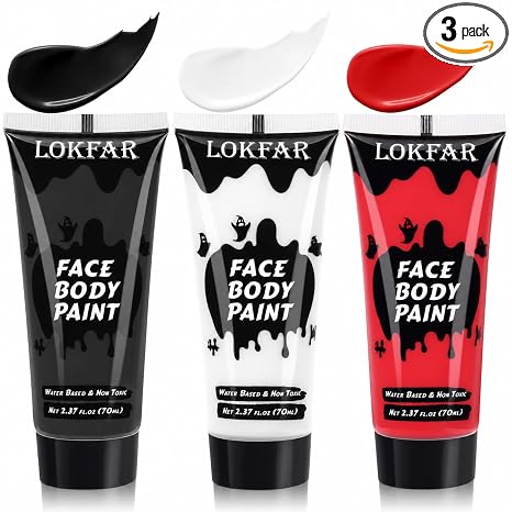 Black Red White Face Body Paint for Halloween Makeup, Cream Water-Based - skull painting