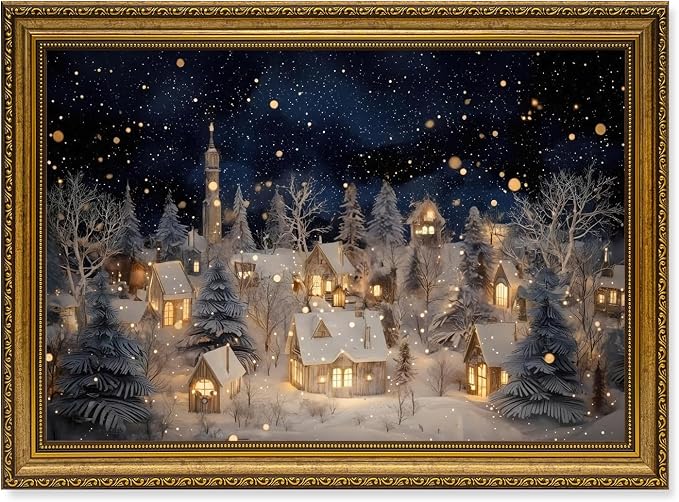 YBNBQG Christmas Winter Snowy Village House Framed Canvas Wall Art 16x24 in - skull wall art