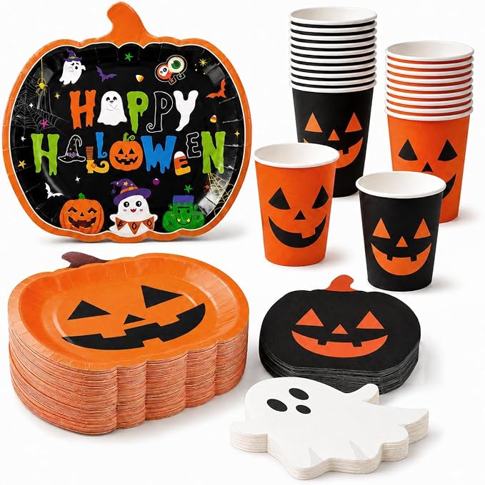 Halloween Party Supplies Set, Black and Orange Pumpkin Plates, Cups, and Napkins for Halloween Birthday Party Decorations, Serves 24 - skull plate