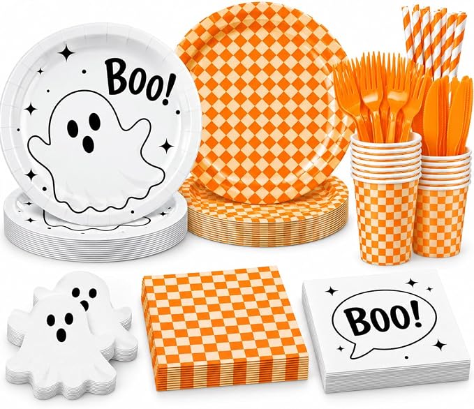 156 PCS Halloween Party Supplies Set, Orange Checkered Halloween Plates, Ghost Napkins, Cups, Forks and Straws for Halloween Birthday Party Decorations, Serves 24 - skull plate
