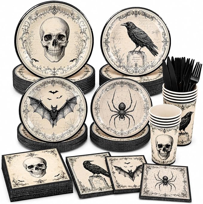 Halloween Party Supplies, Vintage Gothic Halloween Plates and Napkins with Cups, Knives and Forks, Skull Raven Bat Spider Halloween Party Plates for Halloween Birthday Party Decorations, Serves 24 - skull plate