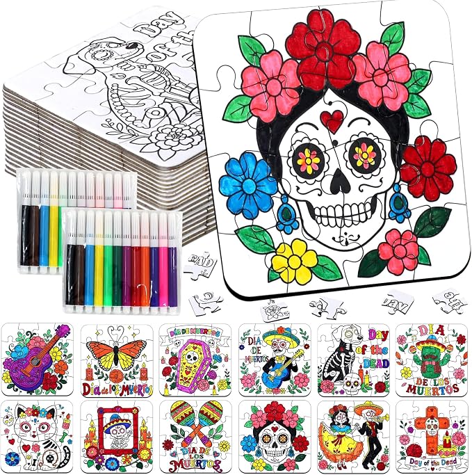 Dia De Los Muertos Crafts for Kids Bulk, Day of the Dead DIY Art Puzzle Kit - skull candle