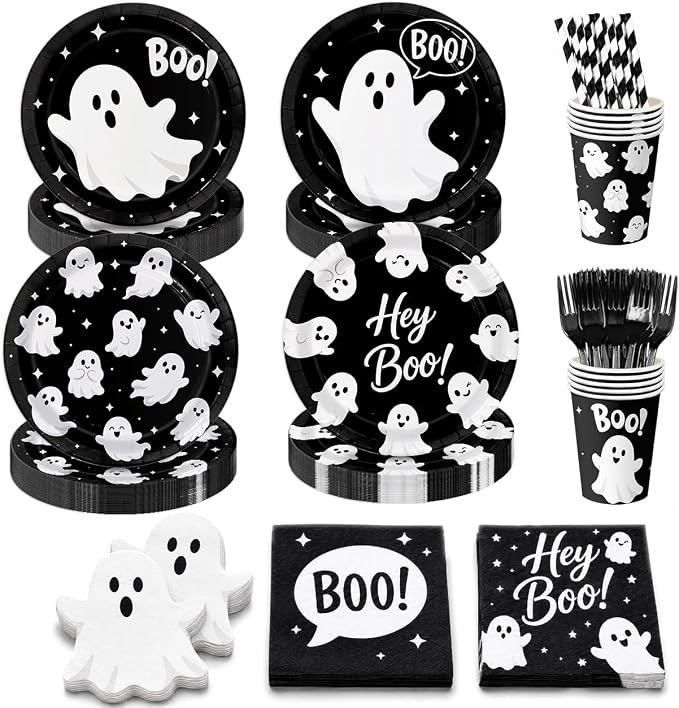 156PCS Ghost Halloween Party Supplies, Halloween Plates and Napkins Set with Cups, Forks, Straws and Ghost Napkins, Black White Boo Baby Shower Decorations, Serves 24 - skull plate