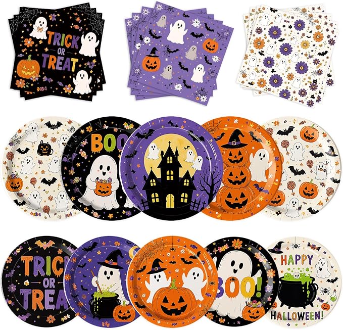 60 PCS Halloween Plates and Napkins Set, Halloween Party Supplies with Ghost Pumpkin Bat Plates and Napkins for Halloween Birthday Party Decorations - skull plate