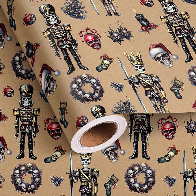 Vnaaem Gothic Christmas Wrapping Paper Roll for Boys Girls - Brown Gothic Nutcracker, Xmas Skeleton, Wreath Design Gift Wrap for Birthday Winter Holiday Party(Total 28.5 sq.ft) - skeleton
