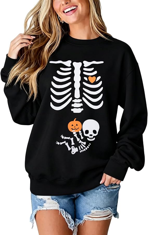 Halloween Maternity Sweatshirt Women Skeleton Pregnancy Sweatshirts - skull sweatshirts