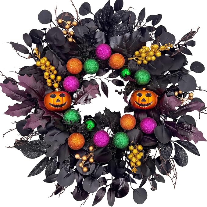 24Inch Halloween Wreath for Front Door,Pumpkins Wreath Halloween Decorations for Home Porch Wall Indoor Outdoor Decor - skull wreath