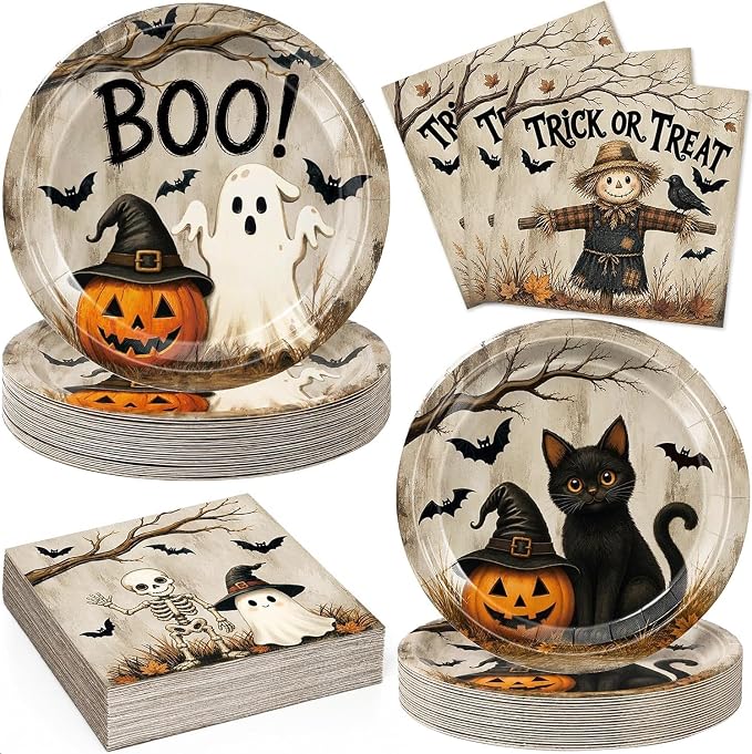 72 PCS Halloween Plates and Napkins Set, Vintage Halloween Party Supplies Disposable Dinner & Dessert Plates, Napkins for Halloween Birthday Party Decorations, Serves 24 - skull plate