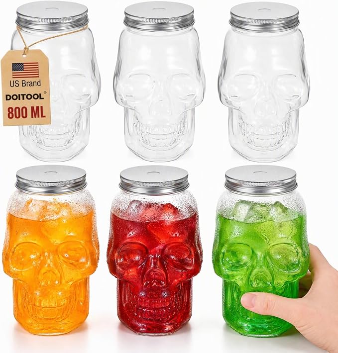 DOITOOL 6 Pack Skull Jars with Lids, 27 oz Clear Plastic Drink Bottles