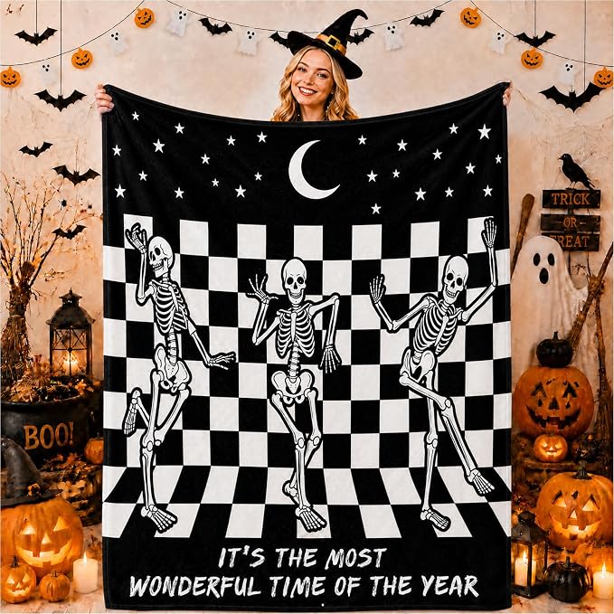 Halloween Blanket with Checkered and Skeleton, Skull Gifts for Women Men - skull blanket