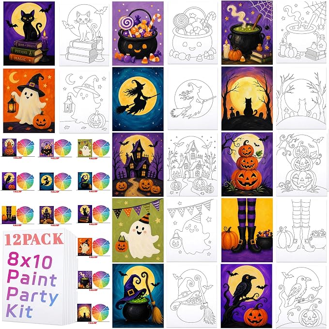 VALLSIP Halloween Paint and Sip Kit 12 Pack Pre Drawn Canvas 8x10 Party Set - skull painting