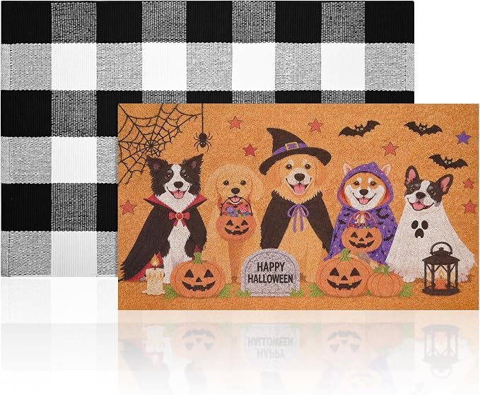 2 Pcs Halloween Welcome Door Mat 30 x 17 Inch Halloween Dogs Coir Mat for Front Doors Nonslip 2-in-1 Buffalo Plaid Rug for Trick or Treat Party Decor Entrance Porch Rubber Backing Home Decor - skull door mat