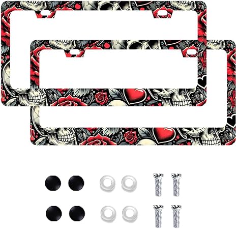 2 Pack Skull & Rose Aluminum License Plate Frames with Screws - skull plate