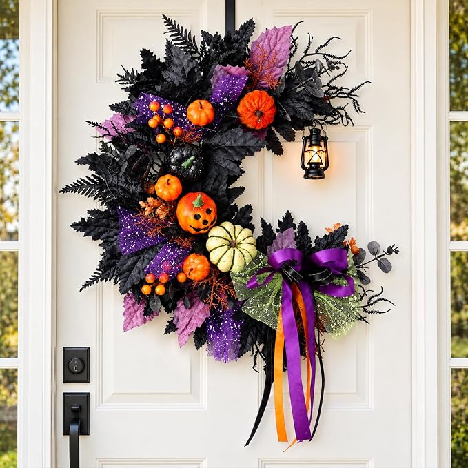 Halloween Wreath for Front Door, Crescent Moon Wreath with Pumpkins, Bow & Lantern, Spooky Wall Decor - skull wreath