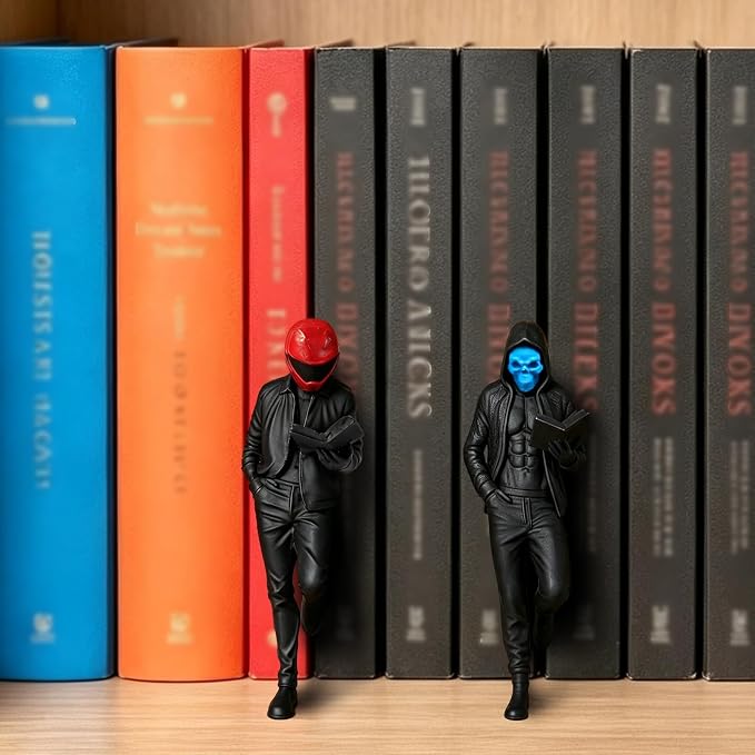 Reader Statue Bookshelf Decor, Biker Helmet & Blue Skull Set, Bookish Gift - skull figurine
