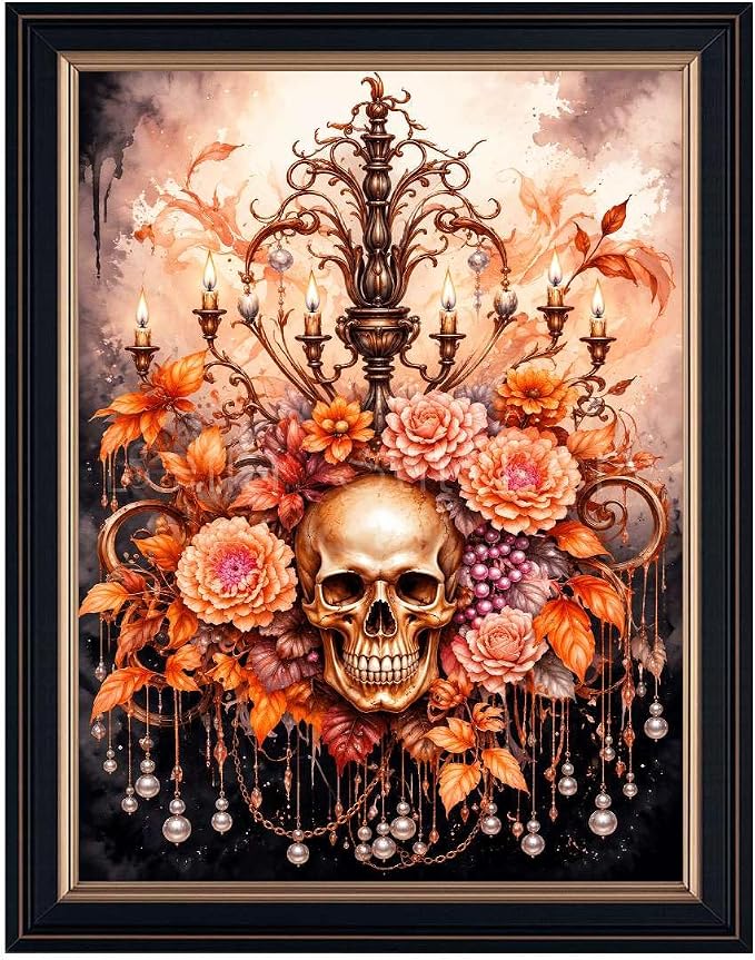 Framed Vintage Halloween Skull and Floral Chandelier Poster Canvas Print Art Gothic Rustic Wall Art Painting Pictures Wall Decor Exquisite Home Decoration for Living Room Bedroom Office Apartment (Retro Framed,16L”X24W”)