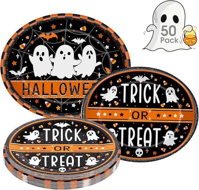 50 Pcs Halloween Paper Plates Set - Large Disposable Ghost Oval Dinner Dessert Plates, Cute Halloween Printed Paper Plates Tableware for Happy Halloween Party Decorations Supplies Table Decor - skull plate