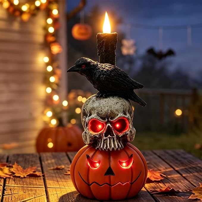 Halloween Pumpkin Skull Resin Statue 14in Gothic Crow Candle Decor - skull figurine