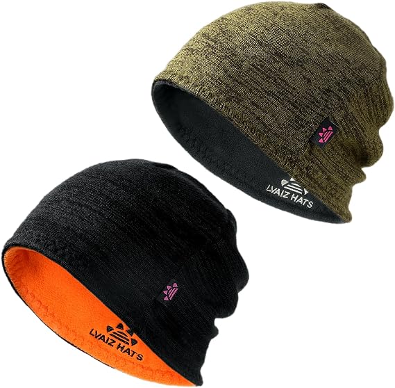 2 Pack Lvaiz Winter Fleece Lined Beanie for Men Women Reversible Skull Cap - skull hat