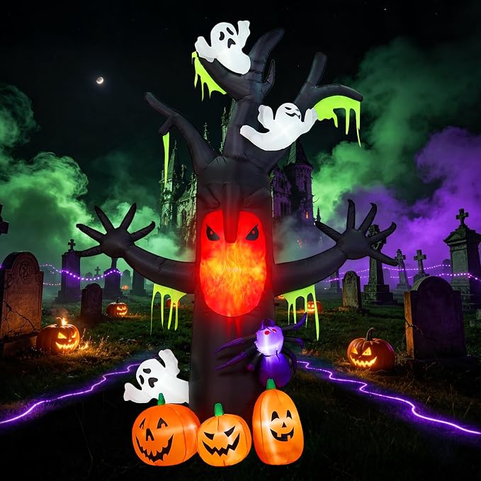 9FT Halloween Inflatables Outdoor Giant Dead Tree with Glowing Fiery Face, Blow Up Ghosts, Purple Spider & Pumpkins LED Lights, Waterproof Fast Inflation Yard Lawn Garden Party Decor - skull inflatable