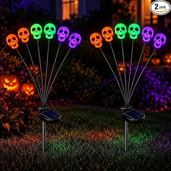 Halloween Solar Skull Heads Firefly Lights 12Skull Heads 3 Color Glow - string light