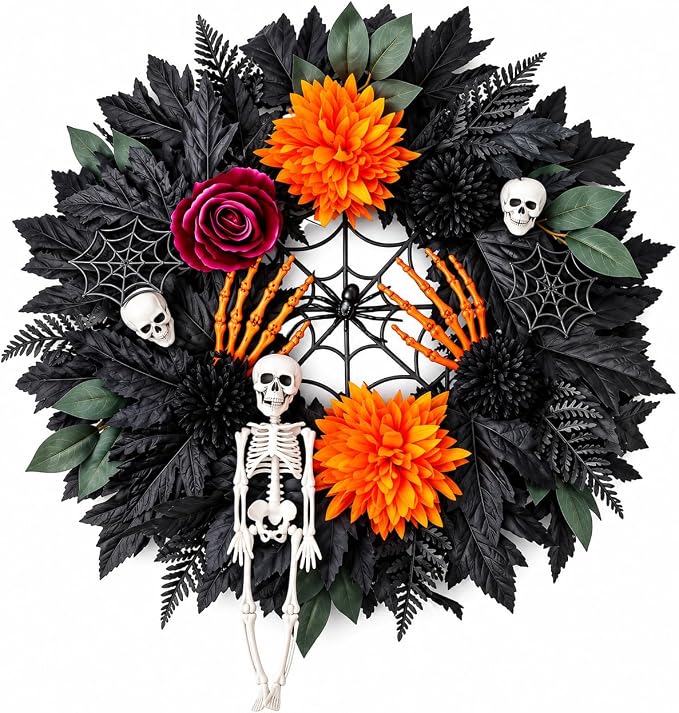24in Halloween Skeleton Wreath for Front Door, Gothic Skull Web Decor