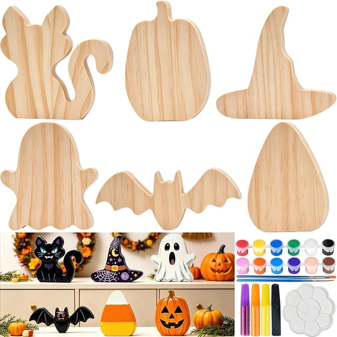 Halloween Wooden Painting Kit, 6 DIY Paintable Wood Cutouts Ornaments - skull painting