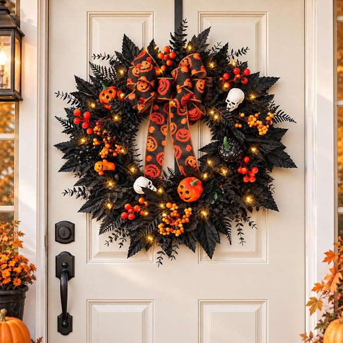 24 in Halloween Wreath for Front Door, Black Skeleton Spider Web Door Decor - skull wreath