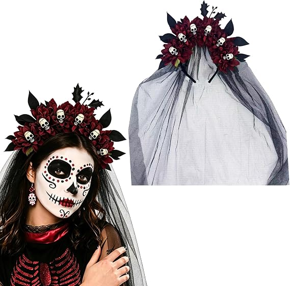 Rose Skull Veil Headband Day of The Dead Floral Hair Hoop Gothic Mexican Crown Headpiece for Women Halloween Cosplay Hair Masquerade Party Accessories - skull headband
